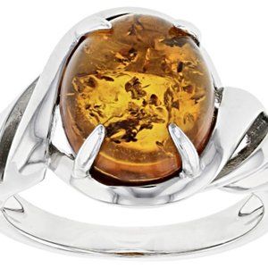 12x10mm Oval Cabochon Amber Sterling Silver Solitaire Ring